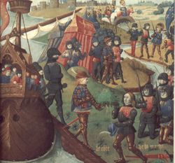 Henry III lands in Aquitaine, from a later (15th century) illumination. (Biblioth&egrave;que Nationale, MS fr. 2829, folio 18)