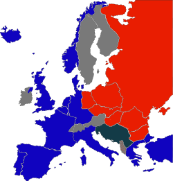 Warsaw Pact countries to the east of the Iron Curtain are shaded red; NATO members to the west of it &mdash; blue. Militarily neutral countries  &minus; grey. Yugoslavia, although communist-run, was independent of the Eastern Bloc. Similarly, communist Albania broke with the Soviet Union in the early 1960s, aligning itself with the People's Republic of China after the Sino-Soviet split.