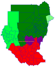 &nbsp;&nbsp;&nbsp;&nbsp;&nbsp;North Sudan &nbsp;&nbsp;&nbsp;&nbsp;&nbsp;Darfur &nbsp;&nbsp;&nbsp;&nbsp;&nbsp;Eastern Front, area of operations July 2006 &nbsp;&nbsp;&nbsp;&nbsp;&nbsp;South Sudan &nbsp;&nbsp;&nbsp;&nbsp;&nbsp; Boundary of Abyei at 10&deg;22'30"N as decided by the Abyei Boundary Commission &nbsp;&nbsp;&nbsp;&nbsp;&nbsp;Nuba Mountains and Blue Nile Abyei, is to hold a referendum in 2011 on whether to join South Sudan or not.