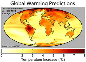 The geographic distribution of surface warming during the 21st century calculated by the HadCM3 climate model if a business as usual scenario is assumed for economic growth and greenhouse gas emissions. In this figure, the globally averaged warming corresponds to 3.0&nbsp;&deg;C (5.4&nbsp;&deg;F).
