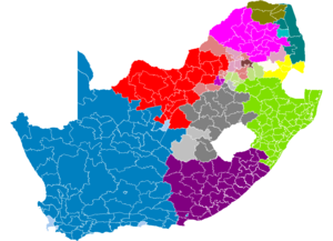 Map showing principal South African languages by municipality. Lighter shades indicate a non-majority plurality.     &nbsp;&nbsp;&nbsp;&nbsp;&nbsp;Afrikaans  &nbsp;&nbsp;&nbsp;&nbsp;&nbsp;Northern Sotho  &nbsp;&nbsp;&nbsp;&nbsp;&nbsp;Southern Sotho  &nbsp;&nbsp;&nbsp;&nbsp;&nbsp;Swati  &nbsp;&nbsp;&nbsp;&nbsp;&nbsp;Tsonga   &nbsp;&nbsp;&nbsp;&nbsp;&nbsp;Tswana  &nbsp;&nbsp;&nbsp;&nbsp;&nbsp;Venda  &nbsp;&nbsp;&nbsp;&nbsp;&nbsp;Xhosa  &nbsp;&nbsp;&nbsp;&nbsp;&nbsp;Zulu       