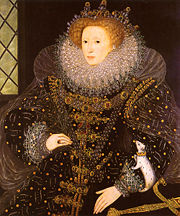 Her Majesty Queen Elizabeth I of England, &lsquo;the Virgin Queen&rsquo; painted with an ermine on her arm. In this painting the stoat has, unnaturally, black spots over its entire body.