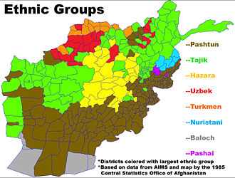 Ethnic groups of Afghanistan (percentages are from Encyclop&aelig;dia Iranica and CIA World Factbook)   &nbsp;&nbsp;&nbsp;&nbsp;&nbsp;39.4% to 42% Pashtun   &nbsp;&nbsp;&nbsp;&nbsp;&nbsp;27% to 33.7% Tajik       &nbsp;&nbsp;&nbsp;&nbsp;&nbsp;8.0% to 9% Hazara       &nbsp;&nbsp;&nbsp;&nbsp;&nbsp;8.0% to 9% Uzbek &nbsp;&nbsp;&nbsp;&nbsp;&nbsp;&nbsp;3.2% to 4% Aimak       &nbsp;&nbsp;&nbsp;&nbsp;&nbsp;3% Turkmen         &nbsp;&nbsp;&nbsp;&nbsp;&nbsp;1.6% to 4% Baloch &nbsp;&nbsp;&nbsp;&nbsp;&nbsp;&nbsp;4% to 9.2% other (Pashai, Nuristani, Brahui, Hindkowans, Hindustani, etc.)