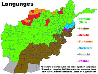 Languages of Afghanistan (percentages are from CIA World Factbook)  &nbsp;&nbsp;&nbsp;&nbsp;&nbsp;50% Dari   &nbsp;&nbsp;&nbsp;&nbsp;&nbsp;35% Pashto       &nbsp;&nbsp;&nbsp;&nbsp;&nbsp;8% Uzbek       &nbsp;&nbsp;&nbsp;&nbsp;&nbsp;3% Turkmen         &nbsp;&nbsp;&nbsp;&nbsp;&nbsp;4% Balochi &nbsp;&nbsp;&nbsp;&nbsp;&nbsp;&nbsp;2% other (Nuristani, Pashai, Brahui, etc.)