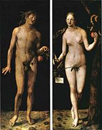 Adam and EveA classic depiction of the biblical tale showcasing the apple as a symbol of sin.Albrecht D&uuml;rer, 1507; Oil on panel; 209 x 81 cm (per panel); Museo Nacional del Prado, Madrid.[1].
