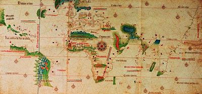 The Cantino planisphere (1502), one of the oldest surviving Portuguese nautical charts, showing the results of the explorations of Vasco da Gama's to India, Columbus' to Central America and Pedro &Aacute;lvares Cabral's to Brazil. The meridian of Tordesillas, separating the Portuguese and Spanish halves of the world is also depicted