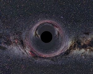 A simulated black hole of ten solar masses as seen from a distance of 600&nbsp;kilometers with the Milky Way in the background.
