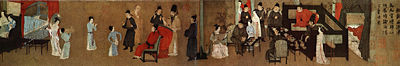 Half-section of the Night Revels of Han Xizai, by Chinese artist Gu Hongzhong, 10th century. A women is seen entertaining guests with a pipa on the right-hand side.