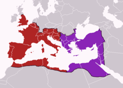 The division of the empire after the death of Theodosius I, c. 395, superimposed on modern borders. &nbsp;&nbsp;&nbsp;&nbsp;&nbsp;Western Roman Empire &nbsp;&nbsp;&nbsp;&nbsp;&nbsp;Eastern Roman Empire