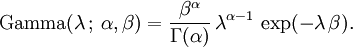  \mathrm{Gamma}(\lambda \,;\, \alpha, \beta) = \frac{\beta^{\alpha}}{\Gamma(\alpha)} \, \lambda^{\alpha-1} \, \exp(-\lambda\,\beta). \!