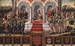 The celebrations following the Peace of Cateau-Cambr&eacute;sis (1559) between Spain and France