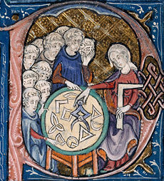 The frontispiece of an Adelard of Bath Latin translation of Euclid's Elements, c. 1309&ndash;1316; the oldest surviving Latin translation of the Elements is a 12th century work by Adelard, which translates to Latin from the Arabic.