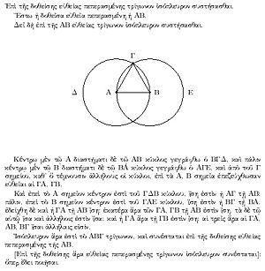 A proof from Euclid's Elements that, given a line segment, an equilateral triangle exists that includes the segment as one of its sides. The proof is by construction: an equilateral triangle &Alpha;&Beta;&Gamma; is made by drawing circles &Delta; and &Epsilon; centered on the points &Alpha; and &Beta;, and taking one intersection of the circles as the third vertex of the triangle.