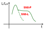 This graph of the luminosity (relative to the Sun) as a function of time shows the characteristic shapes of the light curves for a Type&nbsp;II-L and II-P supernova.
