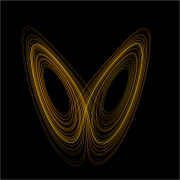 A plot of the Lorenz attractor for values r&nbsp;=&nbsp;28, &sigma;&nbsp;=&nbsp;10, b&nbsp;=&nbsp;8/3