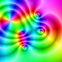 Domain Coloring plot of the function f(x)=(x&sup2;-1)(x-2-i)&sup2;/(x&sup2;+2+2i). The hue represents the function argument, while the saturation represents the magnitude.