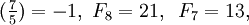 (\tfrac{7}{5}) = -1, \,\,F_8 = 21,\;\;F_7=13,
