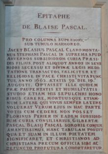 Pascal's epitaph in Saint-&Eacute;tienne-du-Mont, where he was buried
