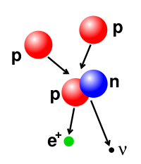 This diagram illustrates a nuclear fusion process that forms a deuterium nucleus, consisting of a proton and a neutron, from two protons. A positron (e+)&mdash;an antimatter electron&mdash;is emitted along with an electron neutrino.