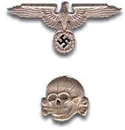Insignia pins worn on SS commissioned and non-commissioned officers&rsquo; hats: the SS version of the national eagle and the Totenkopf