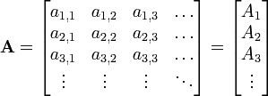  \mathbf{A} = 

\begin{bmatrix}
   a_{1,1} & a_{1,2} & a_{1,3} & \dots \\
   a_{2,1} & a_{2,2} & a_{2,3} & \dots \\
   a_{3,1} & a_{3,2} & a_{3,3} & \dots \\
   \vdots & \vdots & \vdots & \ddots
\end{bmatrix}
=
\begin{bmatrix}
   A_1 \\
   A_2 \\
   A_3 \\
   \vdots
\end{bmatrix}

