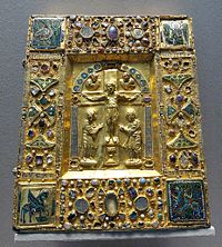 An 11th century reliquary of gold and cloisonn&eacute; over wood, from the Duchy of Brabant, Maastricht Cathedral, now housed in the Louvre.