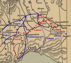 The French advance into Lombardy and the Pavia campaign of 1524–25. French movements are indicated in blue and Imperial movements in red.