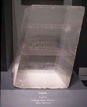 Doubly refracting Calcite from Iceberg claim, Dixon, New Mexico. This 35 pound (16&nbsp;kg) crystal, on display at the National Museum of Natural History, is one of the largest single crystals in the United States.