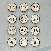 Modern-day Arab telephone keypad with two forms of Hindu-Arabic numerals, Arabic and European