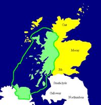 Map of D&aacute;l Riata at its height, c. 580&ndash;600. Pictish regions are marked in yellow.