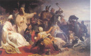 Julius K&ouml;ckert's painting of Harun al-Rashid receiving the delegation of Charlemagne demonstrates diplomatic contacts between their respective domains.