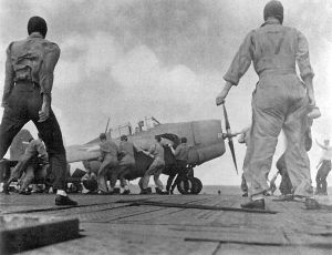 Enterprise conducts air operations in the South Pacific on October 24, 1942. The aircraft pictured is an F4F Wildcat.