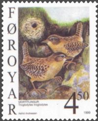 Winter Wren (Troglodytes troglodytes)Stamp FR 345 of Postverk F&oslash;roya, Faroe IslandsIssued: 22 February 1999Artist: Astrid Andreasen