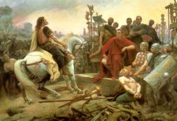 Vercingetorix surrenders to Julius Caesar after Alesia. Painting by  Lionel-No&euml;l Royer, 1899.