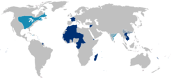 Map of the first (light blue) and second (dark blue&mdash;plain and hachured) French colonial empires