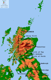 Some locations in northern Britain, late 9th and early 10th centuries. The dotted line marked A represents the southern boundary of the Kingdom of Alba, c. 890&ndash;950. The dotted line marked B represents the southern boundary of the Kingdom of Strathclyde, c. 925&ndash;945.