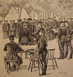 Swedish tenement soldiers at a general muster, drawing by Gustaf Cederstr&ouml;m, 1887.
