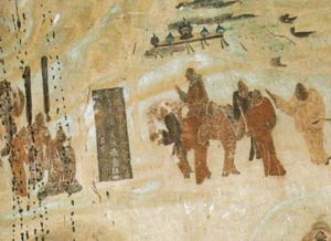 Zhang Qian leaving emperor Han Wudi, for his expedition to Central Asia from 138 to 126 BCE, Mogao Caves mural, 618&ndash;712 CE.