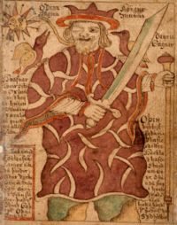 Odin with his ravens and weapons (MS S&Aacute;M 66, eighteenth century)