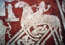 A depiction of Odin entering Valhalla riding on Sleipnir from the T&auml;ngvide image stone.