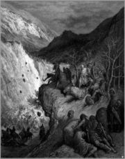 This image by Gustave Dor&eacute; shows the Turkish ambush at the pass of Myriokephalon. This ambush destroyed Manuel's hope of capturing Konya