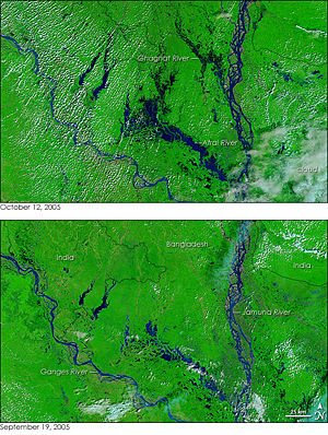 Dozens of villages were inundated when rain pushed the rivers of northwestern Bangladesh over their banks in early October 2005. The Moderate Resolution Imaging Spectroradiometer (MODIS) on NASA&rsquo;s Terra satellite captured the top image of the flooded Ghaghat and Atrai Rivers on October 12, 2005. The deep blue of the rivers is spread across the countryside in the flood image.