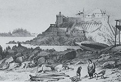 The Russian palisade atop "Castle Hill" (Noow Tlein) in G&aacute;jaa H&eacute;en (Old Sitka), circa 1827.