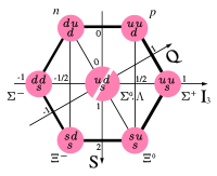 Combinations of three u, d or s-quarks forming baryons with spin-1&frasl;2 form the baryon octet