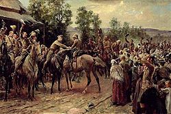 The Relief of Ladysmith. Sir George White greets Major Hubert Gough on 28 February. Painting by John Henry Frederick Bacon (1868-1914)