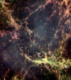 Hubble Space Telescope image of a small region of the Crab Nebula, showing Rayleigh–Taylor instabilities in its intricate filamentary structure. Credit: NASA/ESA.
