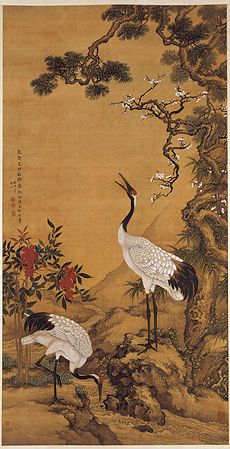 Pine, Plum and Cranes, 1759 AD, by Shen Quan (1682&ndash;1760). Hanging scroll, ink and colour on silk. The Palace Museum, Beijing.