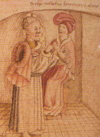 Late medieval depiction of M&aacute;el Coluim III with MacDuib ("MacDuff"), from an MS (Corpus Christi MS 171) of Walter Bower's Scotichronicon.
