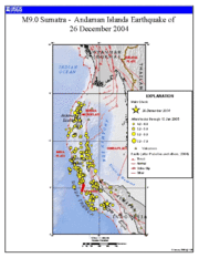Locations of initial earthquake and all aftershocks measuring greater than 4.0 from December 26, 2004–January 10, 2005. The site of the original quake is marked by the large star in the lower right square of the grid. (Credit: USGS)