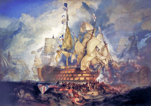 The Battle of Trafalgar by J. M. W. Turner (oil on canvas, 1822&ndash;1824) combines events from several moments during the battle
